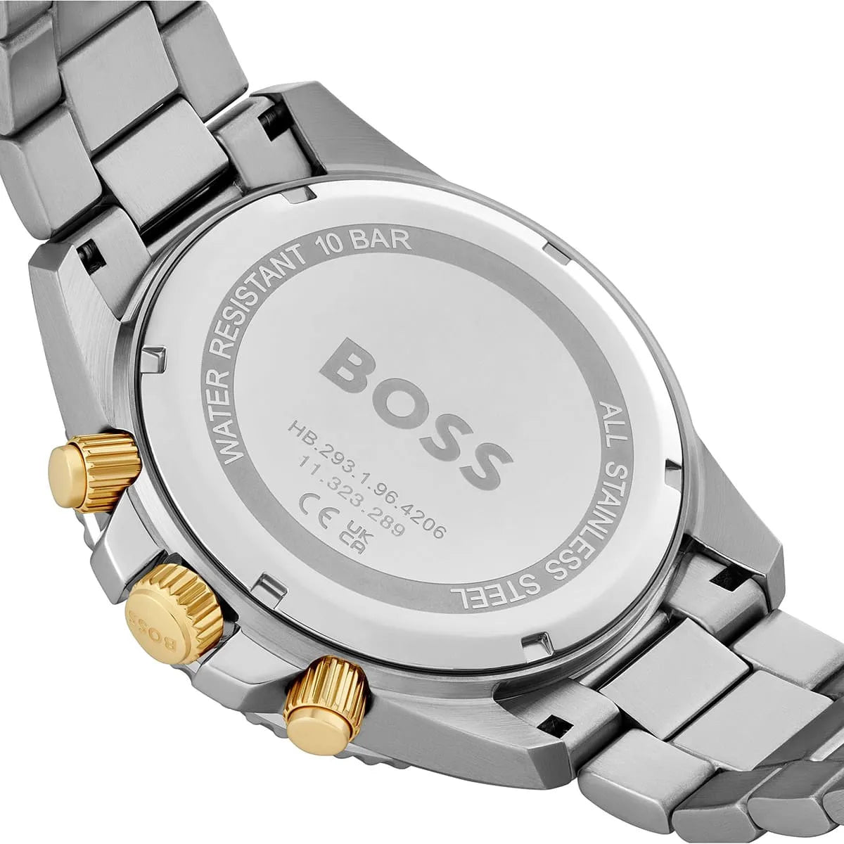 Hugo Boss Admiral watch caseback detail with chronograph pushers and water resistance markings