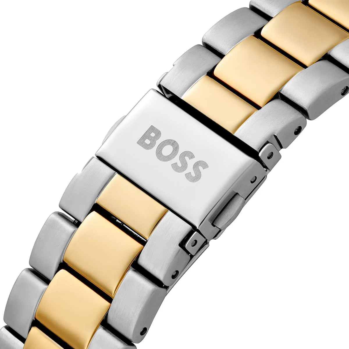 Hugo Boss Admiral two-tone steel and gold bracelet strap with BOSS branding on clasp