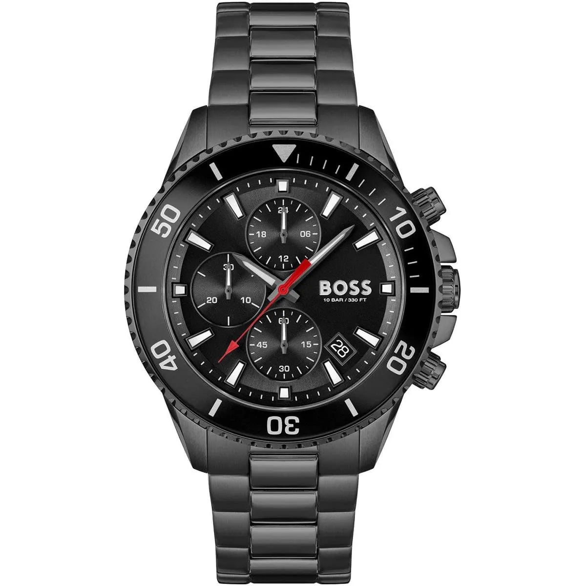 Hugo Boss Admiral chronograph men's watch with black dial, red accents, and black steel strap