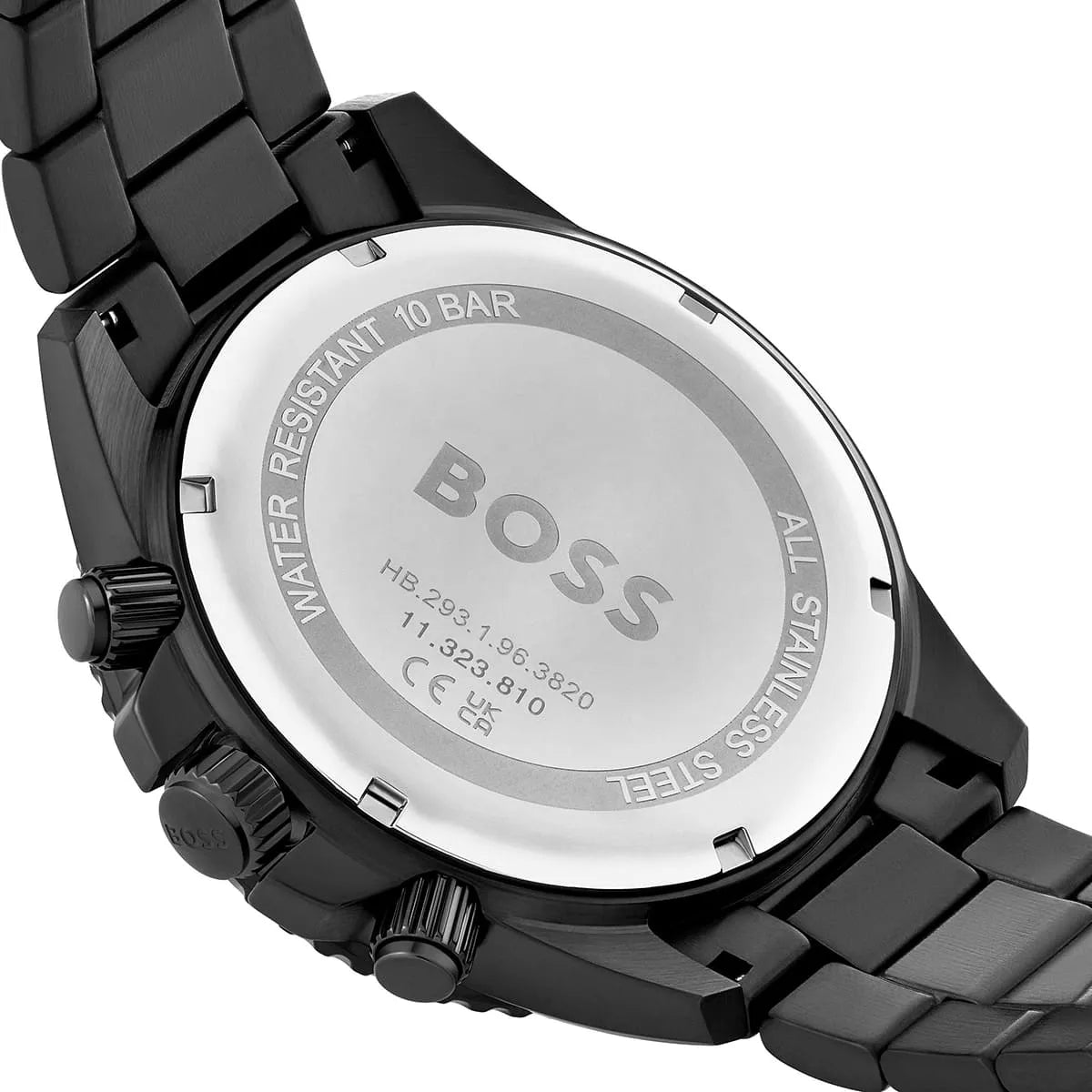 Close-up of Hugo Boss Admiral caseback displaying water resistant 10 BAR marking and model details