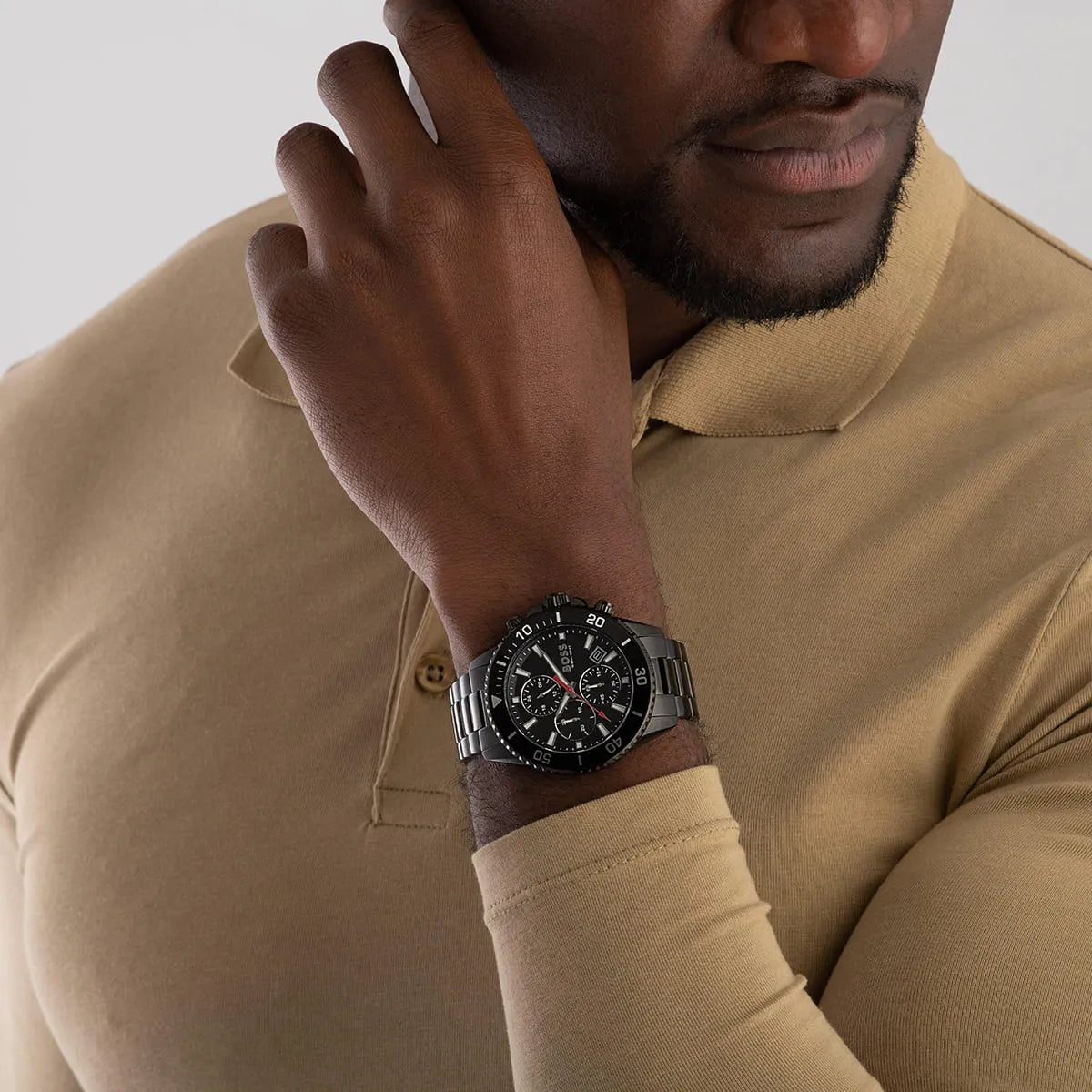 Hugo Boss Admiral chronograph worn on wrist showing black dial and steel bracelet
