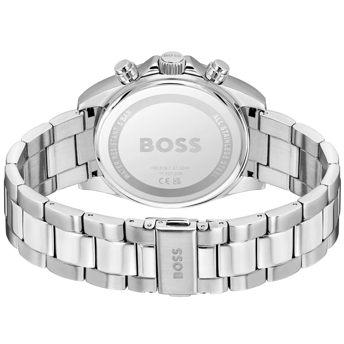 Hugo Boss watch case back with engraved BOSS logo and stainless steel bracelet clasp