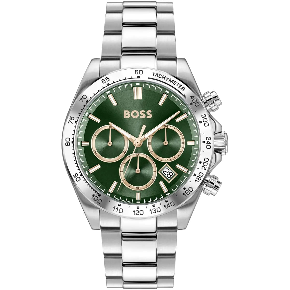 Hugo Boss green dial chronograph men's watch with stainless steel bracelet, three subdials, and tachymeter bezel