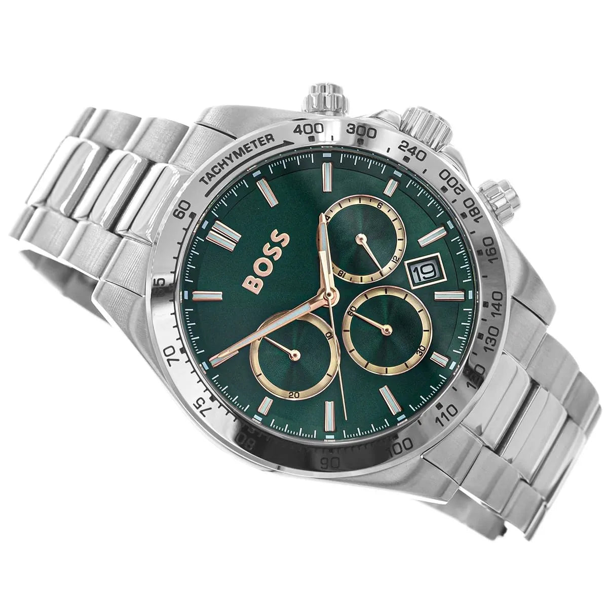 Hugo Boss green chronograph watch on wrist showing full case, dial, and stainless steel bracelet