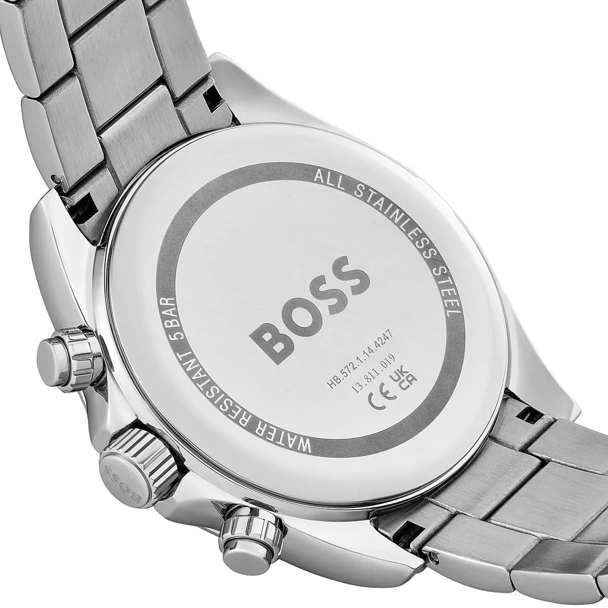Hugo Boss chronograph watch side view showcasing green dial, stainless steel case, and bracelet profile