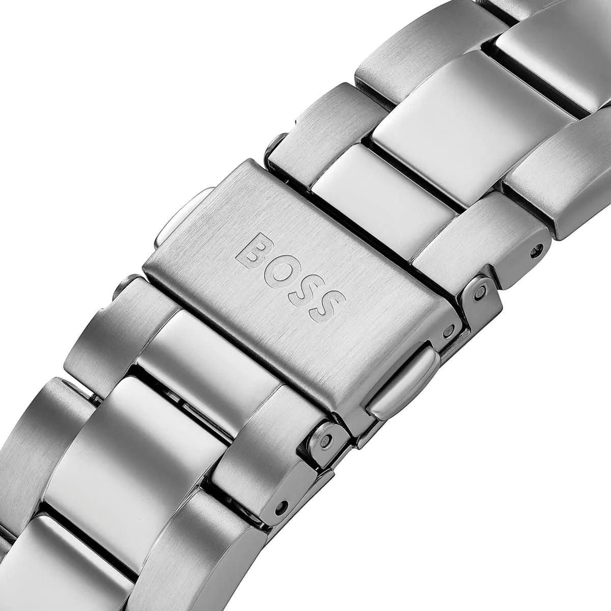 Hugo Boss stainless steel three-link bracelet with engraved clasp and polished finish
