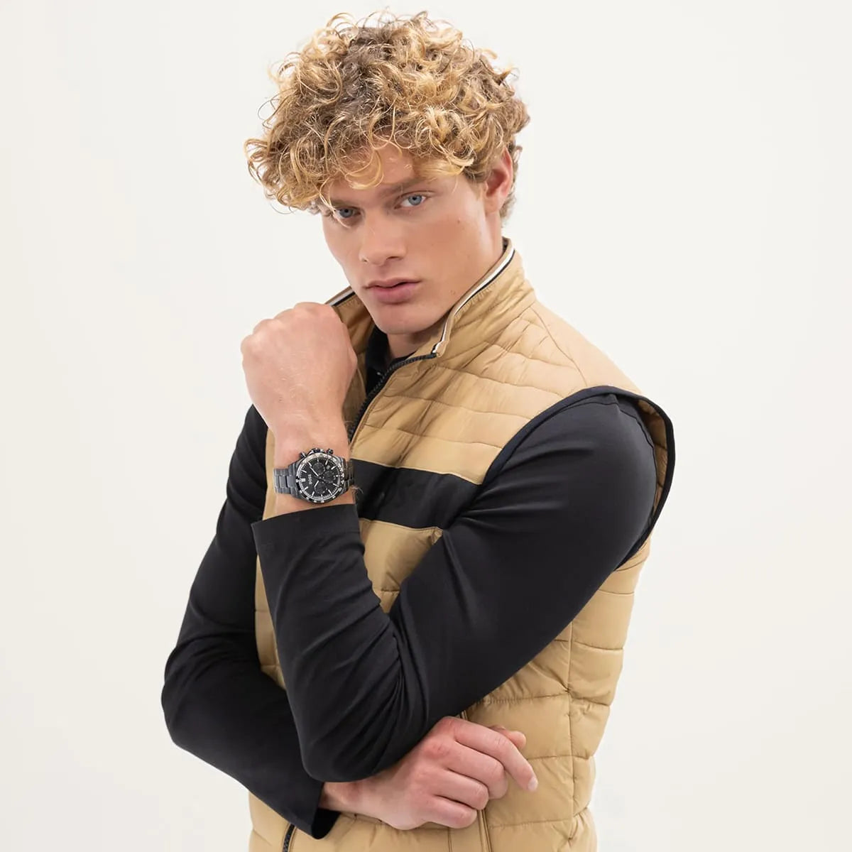 Hugo Boss Hero Chronograph watch on wrist lifestyle shot with model wearing casual outfit