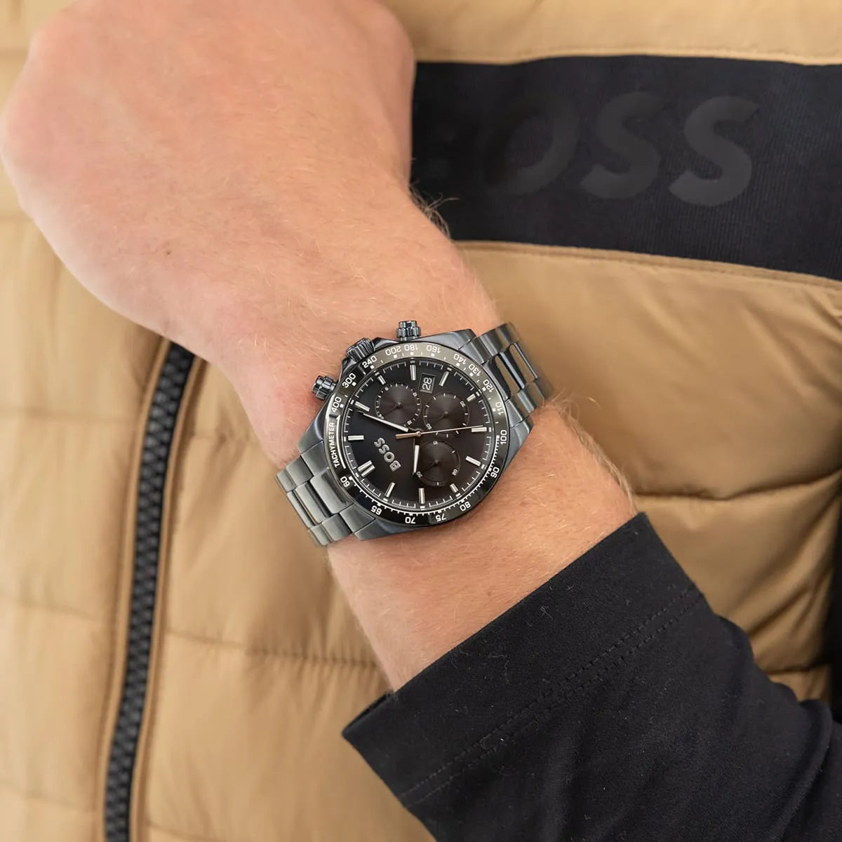 Hugo Boss Hero Chronograph men's watch worn on wrist showing black dial and steel bracelet