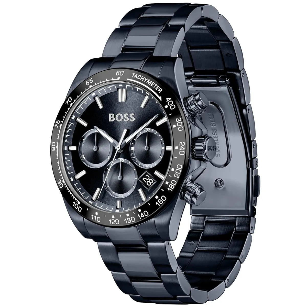 Hugo Boss Hero Chronograph watch angled view showing black steel case and bracelet