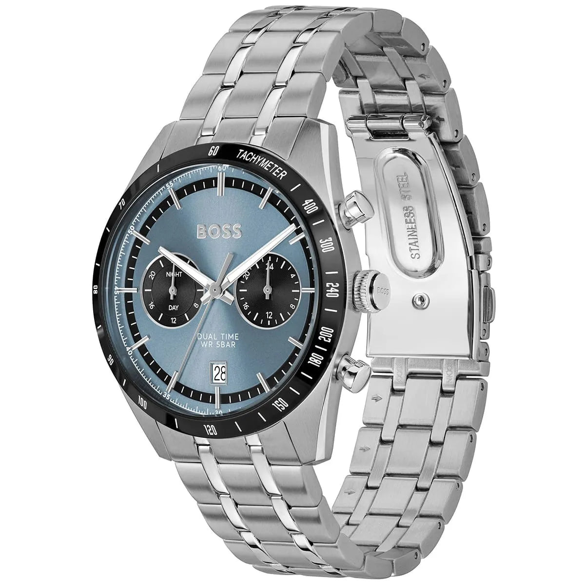 Hugo Boss 1514286 watch showing angled view of stainless steel bracelet and blue dial