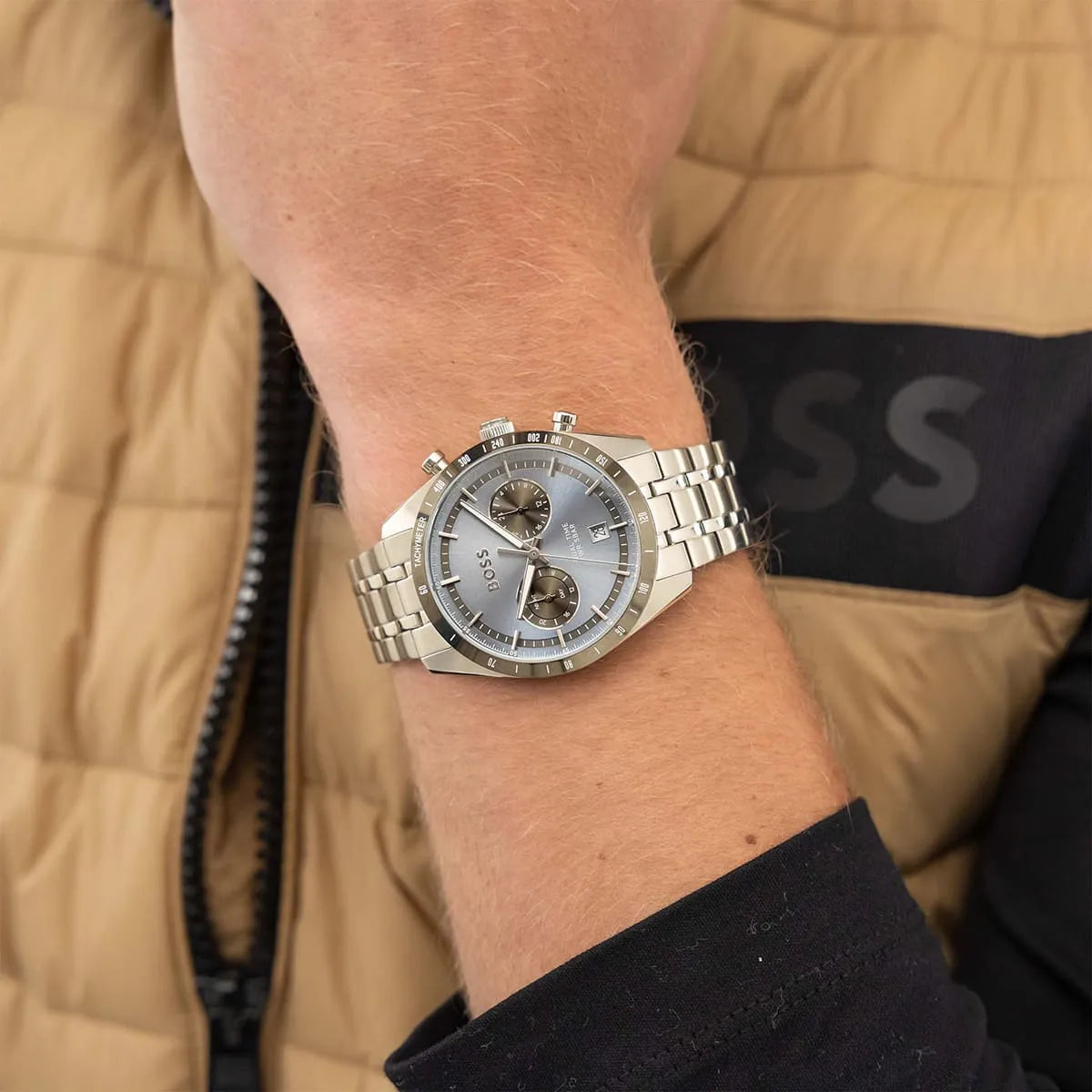 Hugo Boss 1514286 chronograph watch worn on wrist showing blue dial and stainless steel bracelet