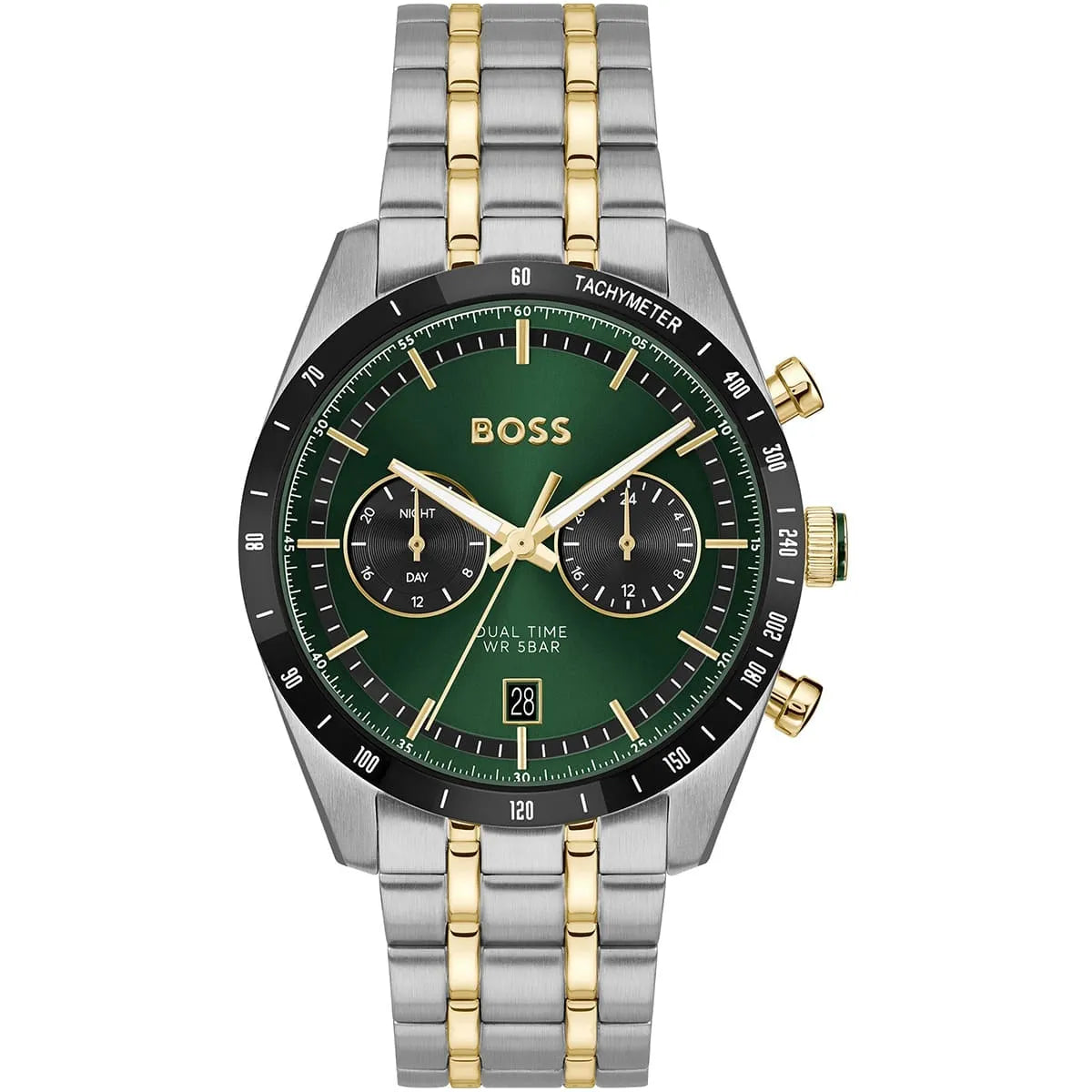 Hugo Boss Tourmaster men's watch with green dial, two-tone silver and gold stainless steel bracelet, chronograph subdials