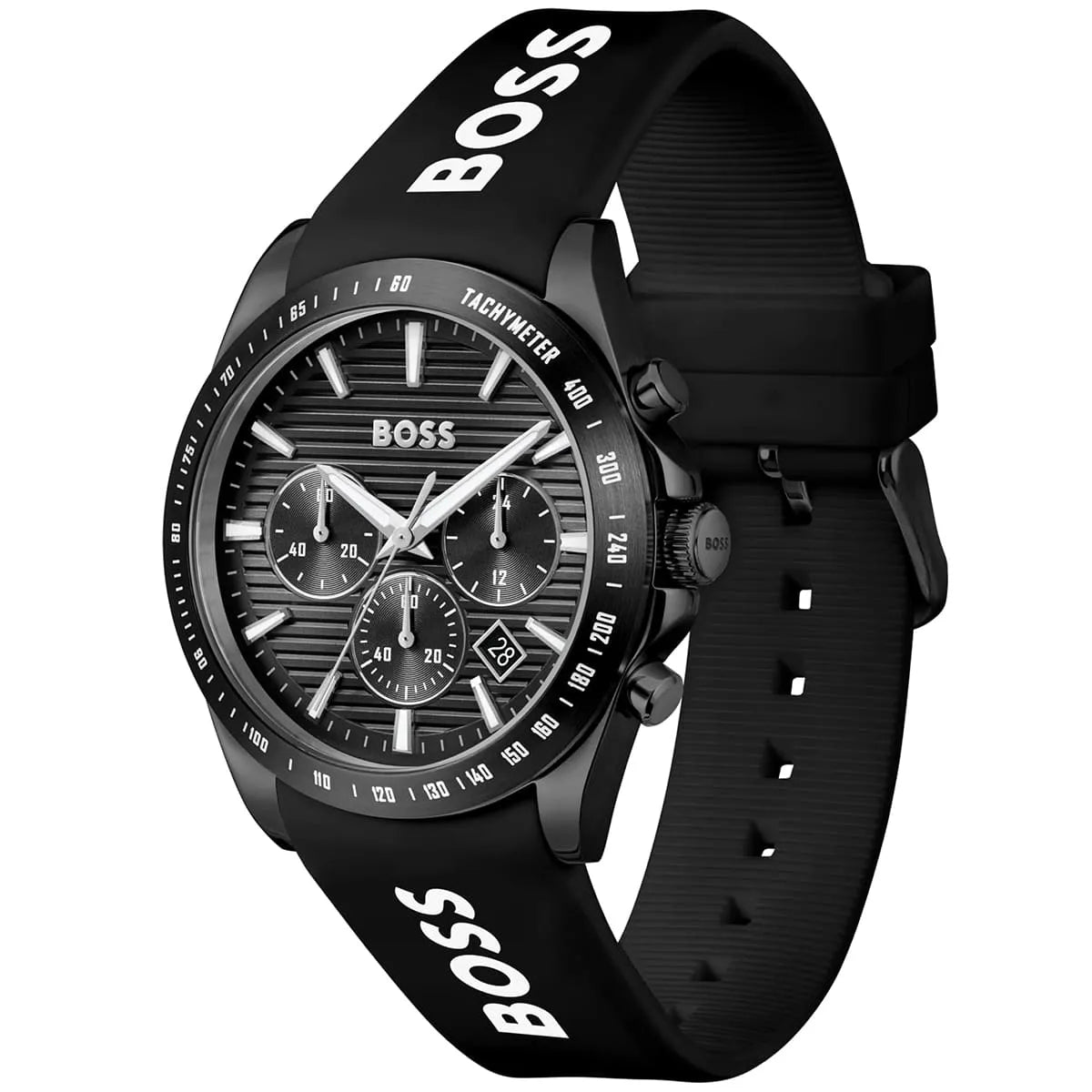 Hugo Boss Strike watch angled view showing black rubber strap and chronograph subdials