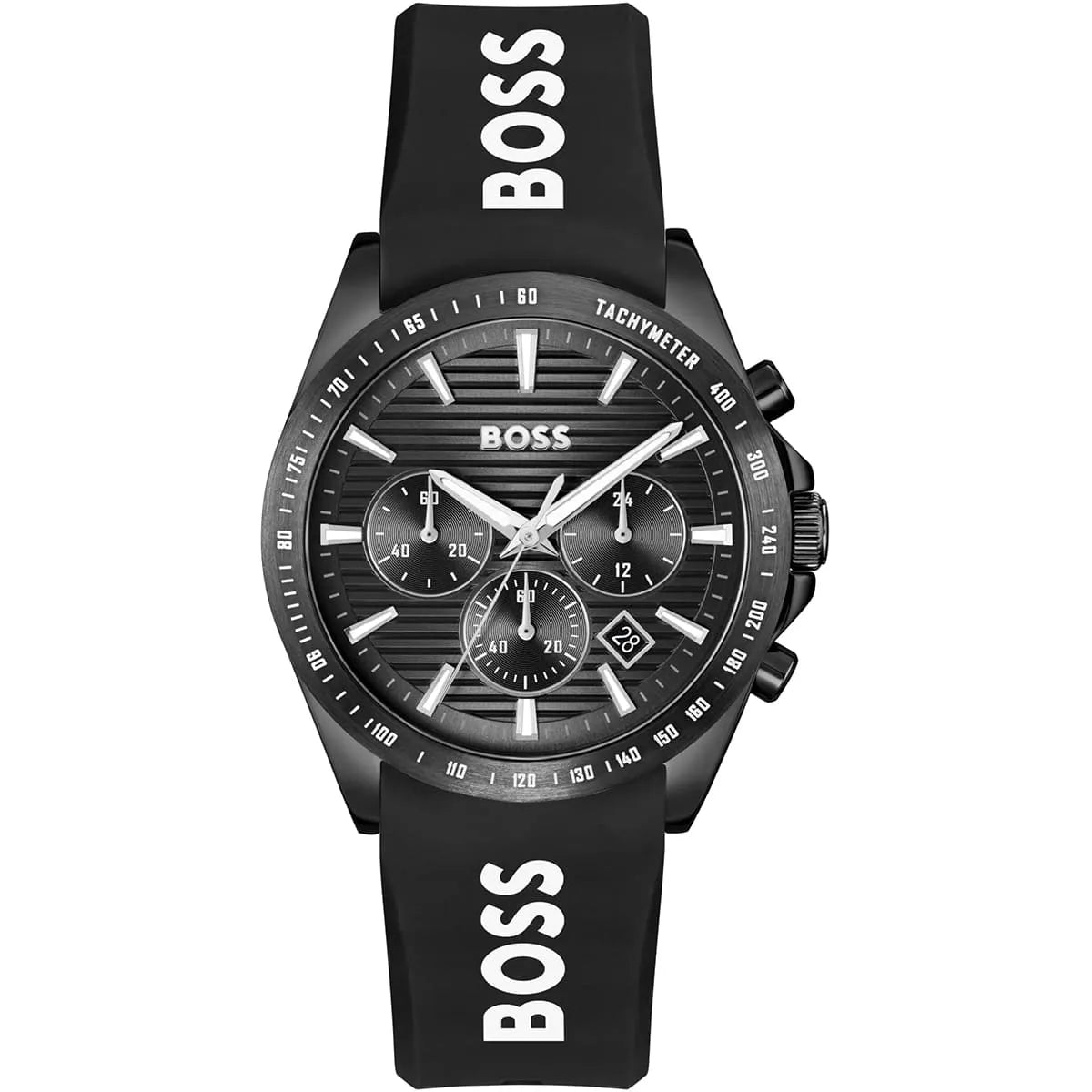 Hugo Boss Strike chronograph men's watch with black dial and black rubber strap