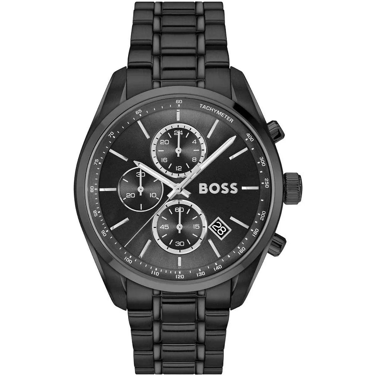 Hugo Boss Grand Prix 44 black chronograph watch with black dial and metal bracelet