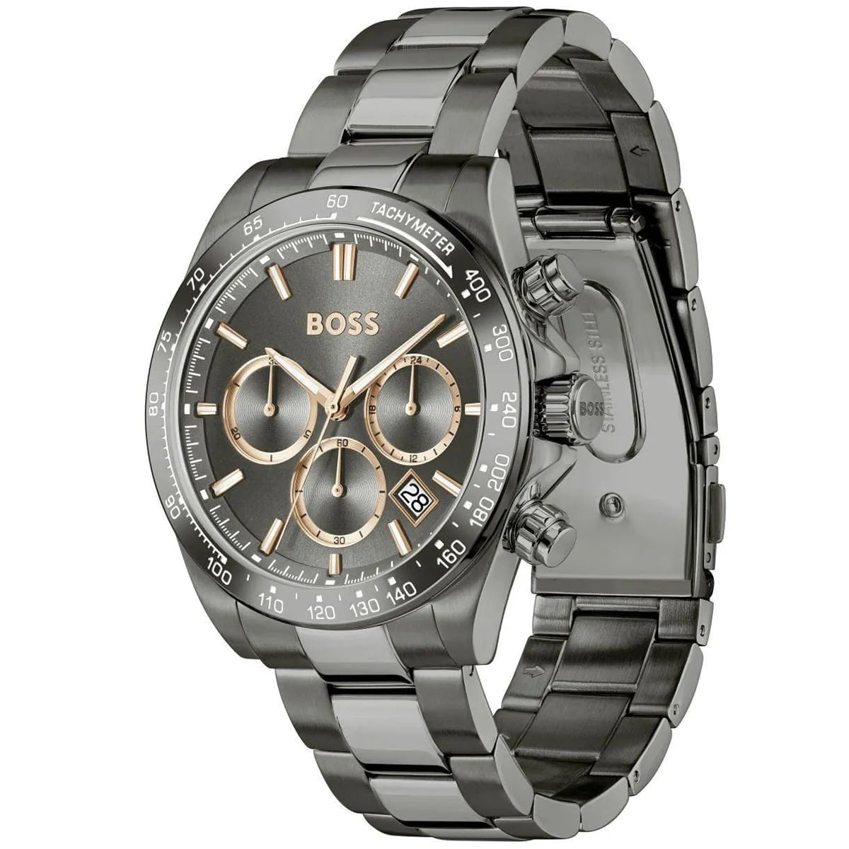 Hugo Boss Skymaster watch angled side view showing gray dial and bracelet with chronograph pushers