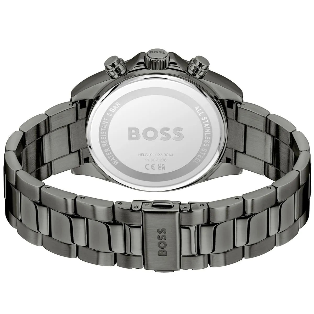 Hugo Boss Skymaster watch caseback showing gunmetal steel bracelet and BOSS branding on transparent case