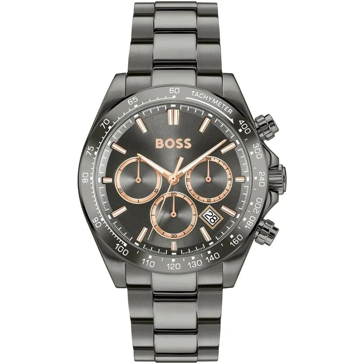 Hugo Boss Skymaster chronograph watch with gray dial, rose gold subdials, and gunmetal steel bracelet
