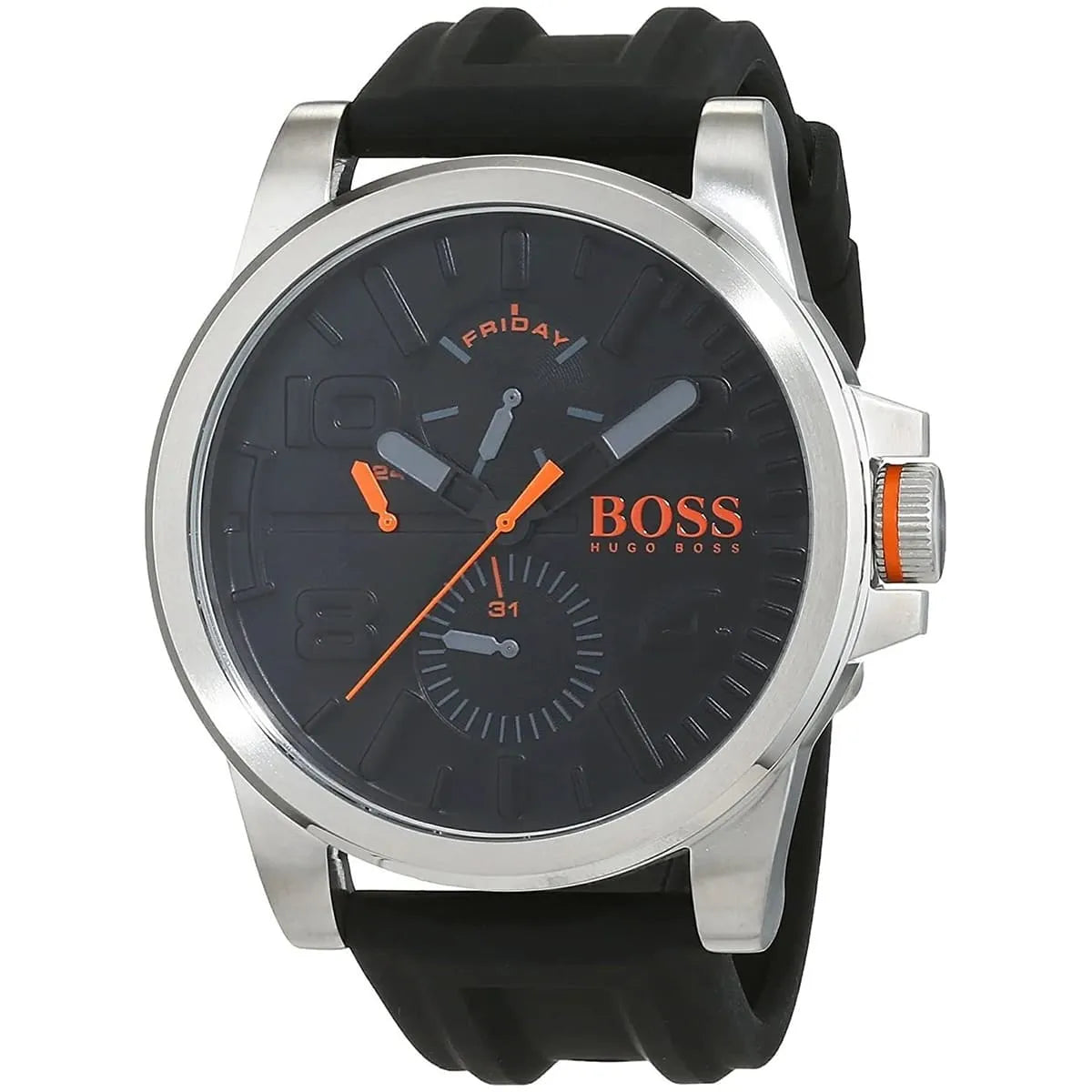 Hugo Boss Detroit watch at angle showing day window and orange accents