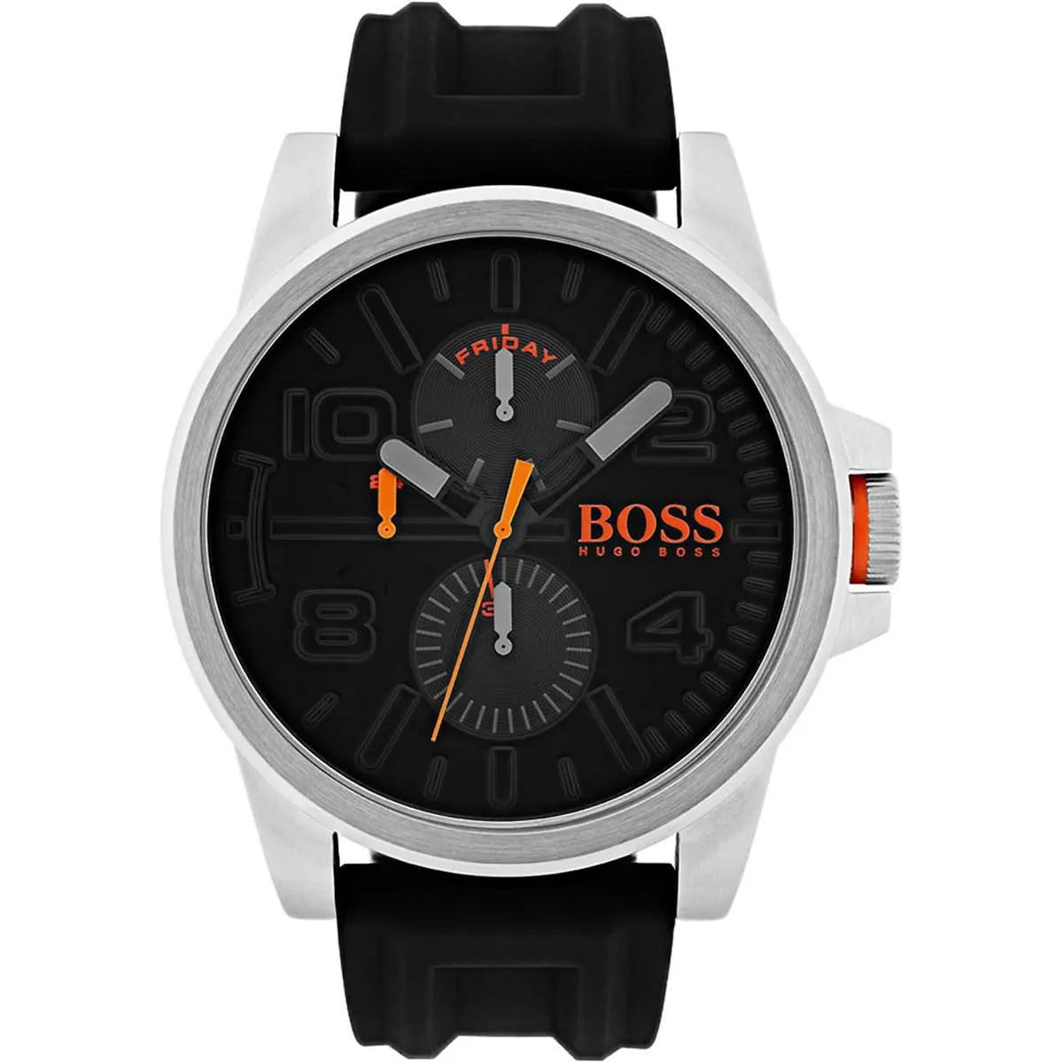 Hugo Boss Detroit quartz watch with black dial, orange hands, and silver case