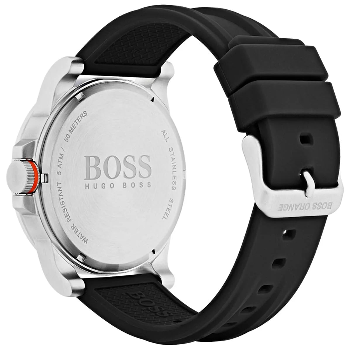Side view of Hugo Boss Detroit watch with silver case and black rubber strap