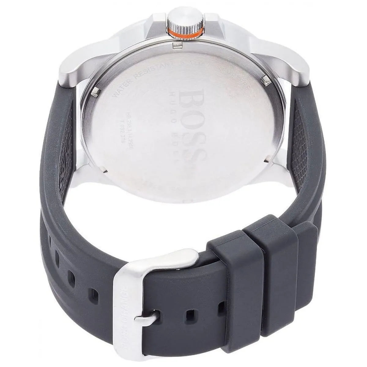Hugo Boss Detroit Sport watch angled view of stainless steel case and black rubber strap