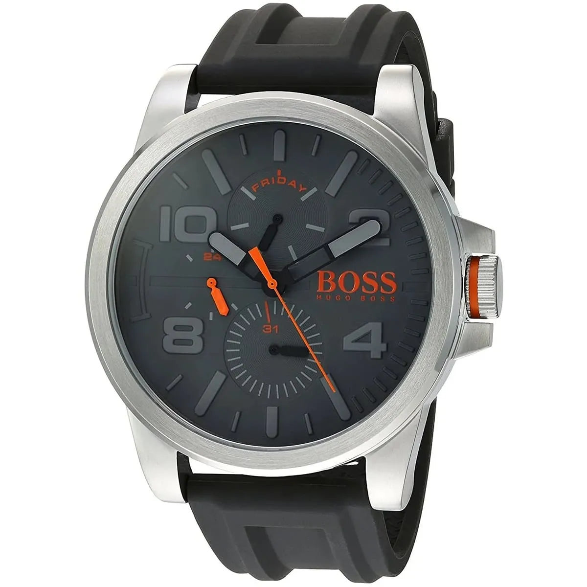 Hugo Boss Detroit Sport watch front view showing gray dial and orange accent hands