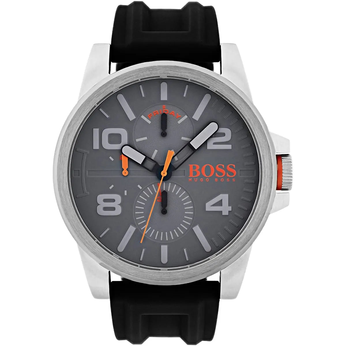 Hugo Boss Detroit Sport watch with gray dial, orange hands, and black rubber strap