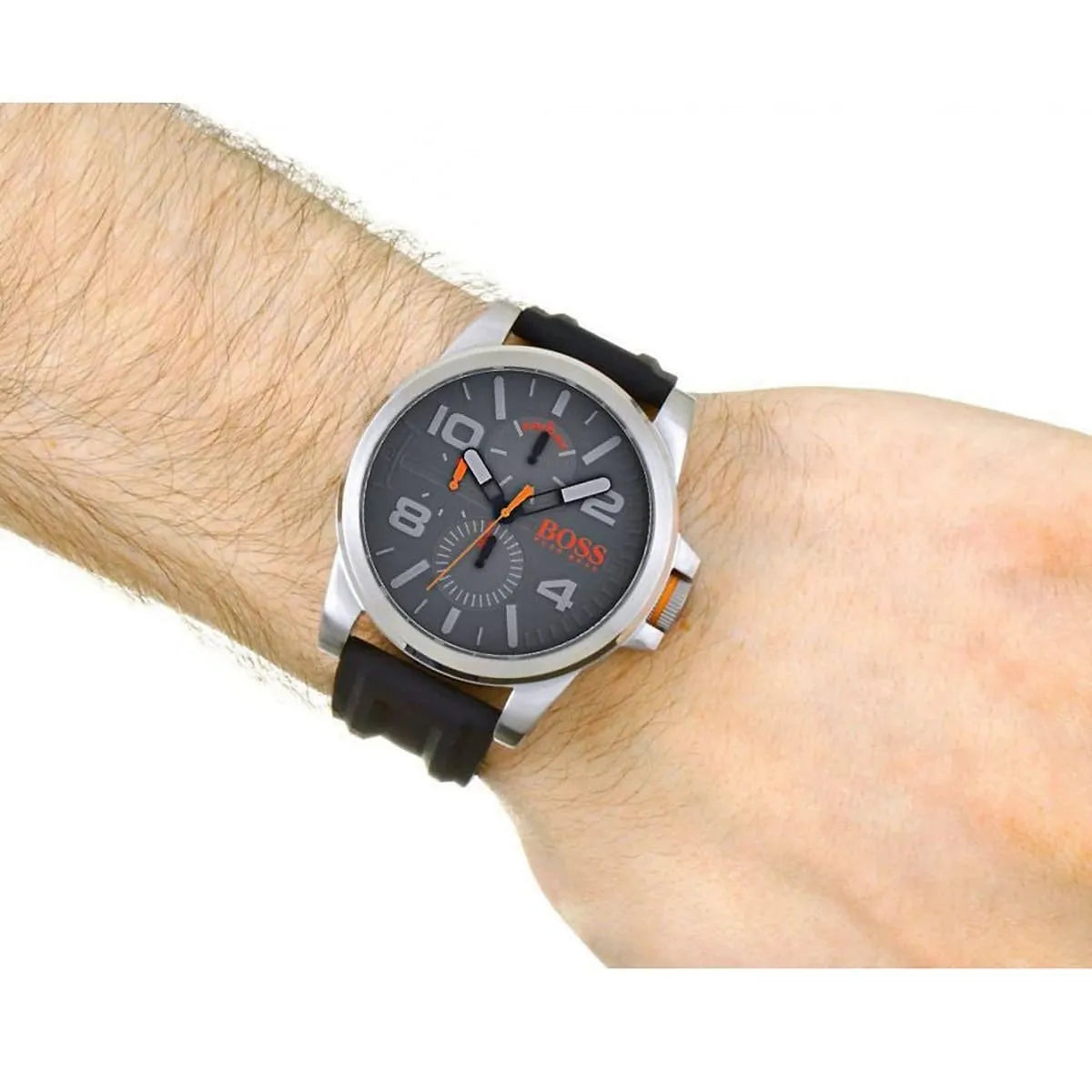 Hugo Boss Detroit Sport watch worn on wrist showing gray dial and black rubber strap