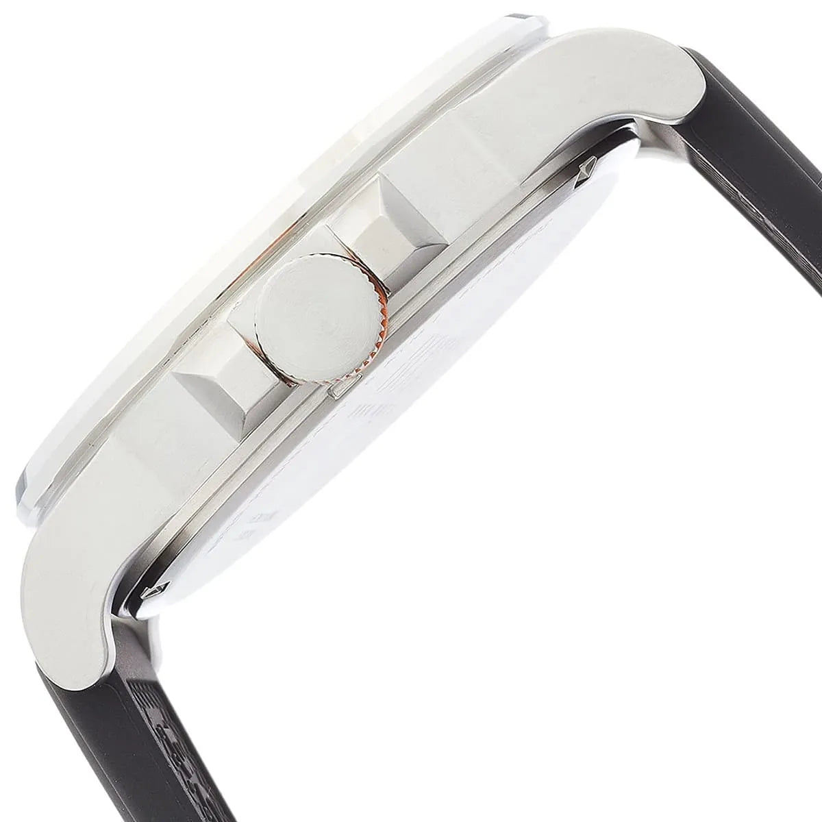 Hugo Boss Detroit Sport watch side view showing polished stainless steel and orange crown