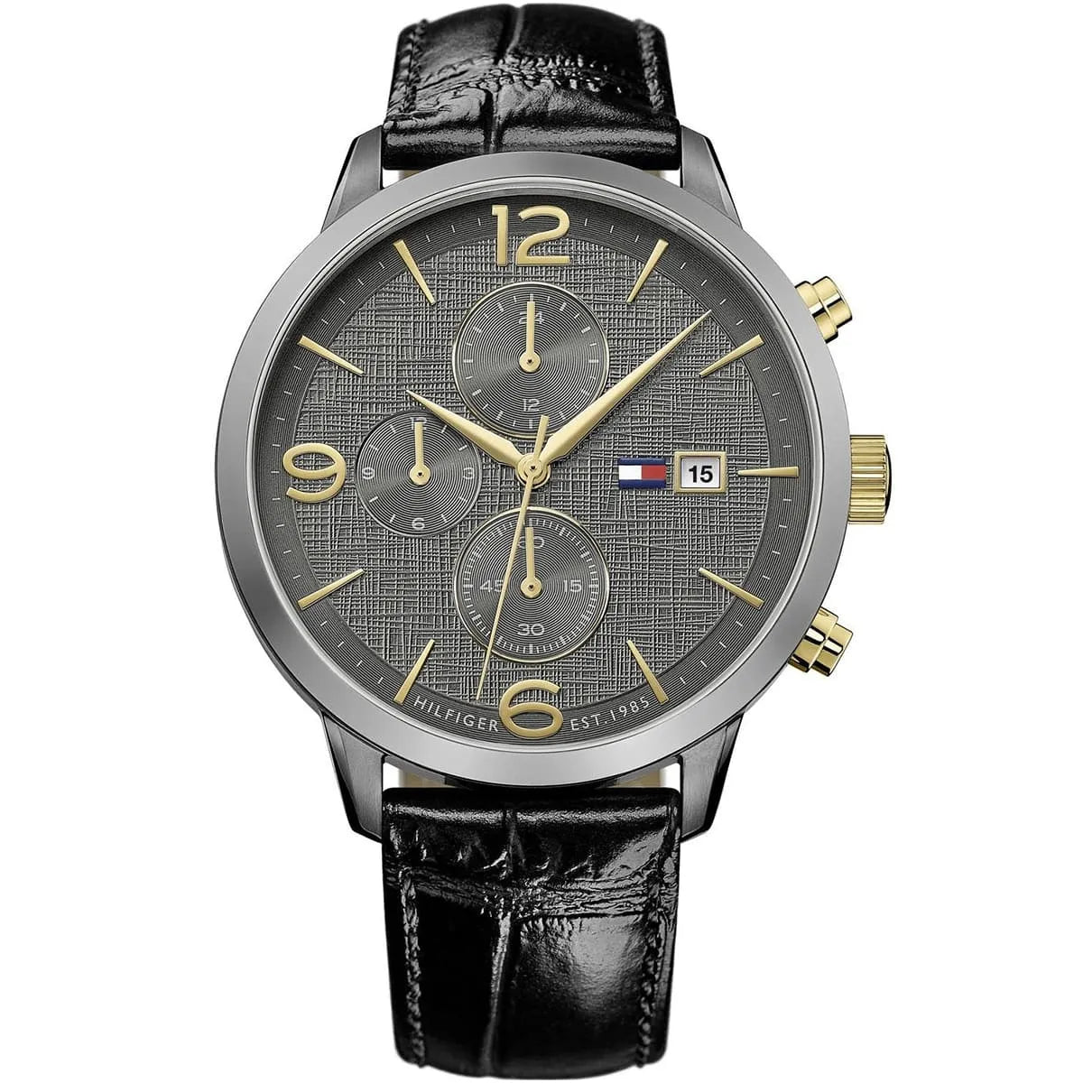 Tommy Hilfiger Liam chronograph watch with gray dial, gold-tone indices and hands, black leather strap