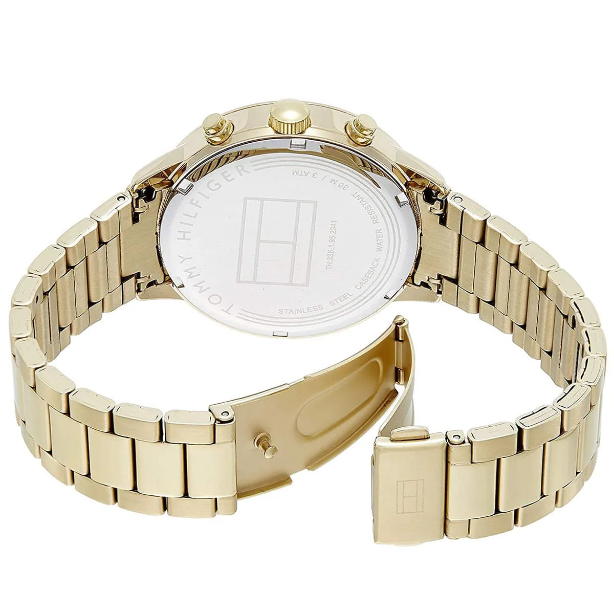 Tommy Hilfiger Liam caseback showing white engraved text and gold bracelet