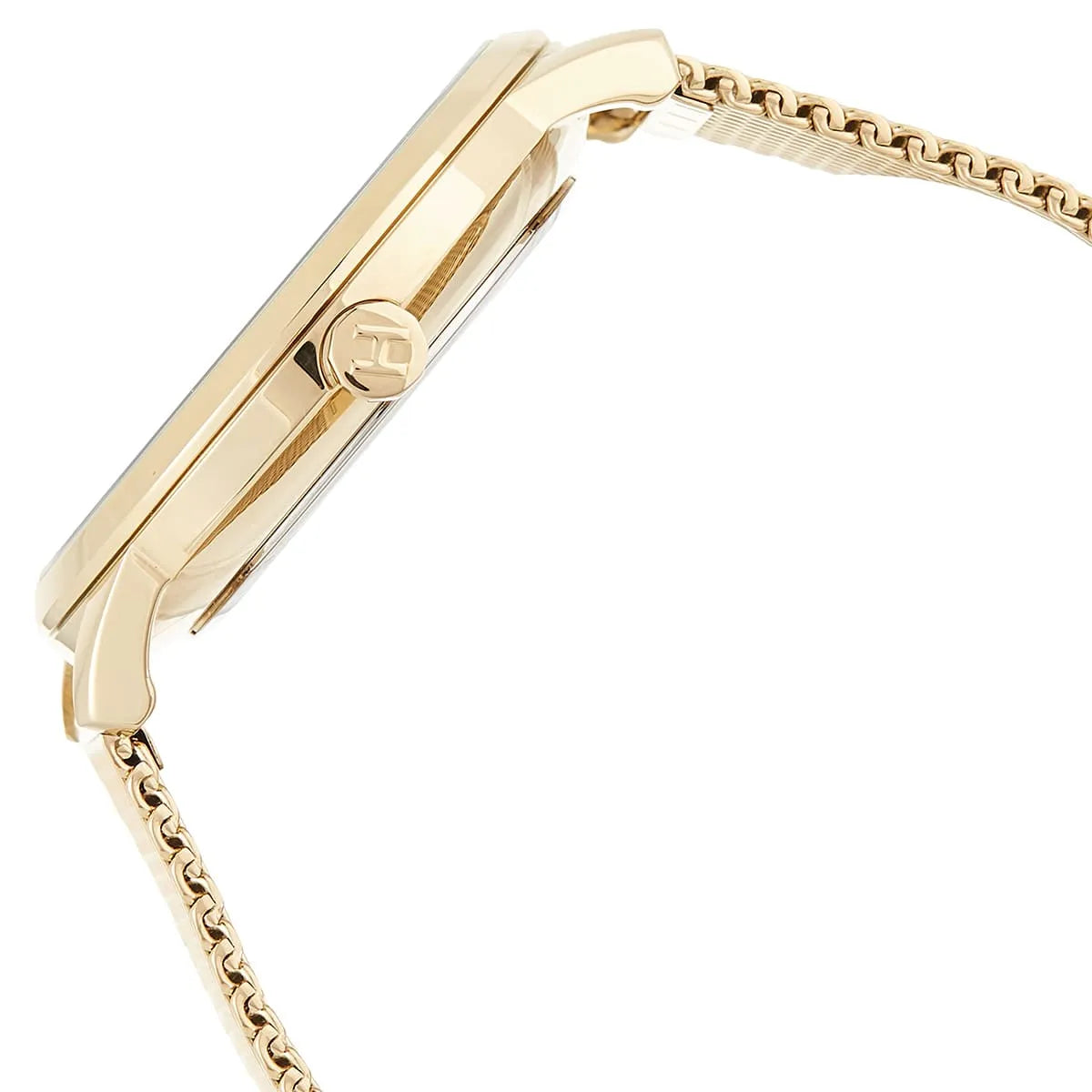 Side profile of Tommy Hilfiger watch showing case thickness and mesh bracelet attachment