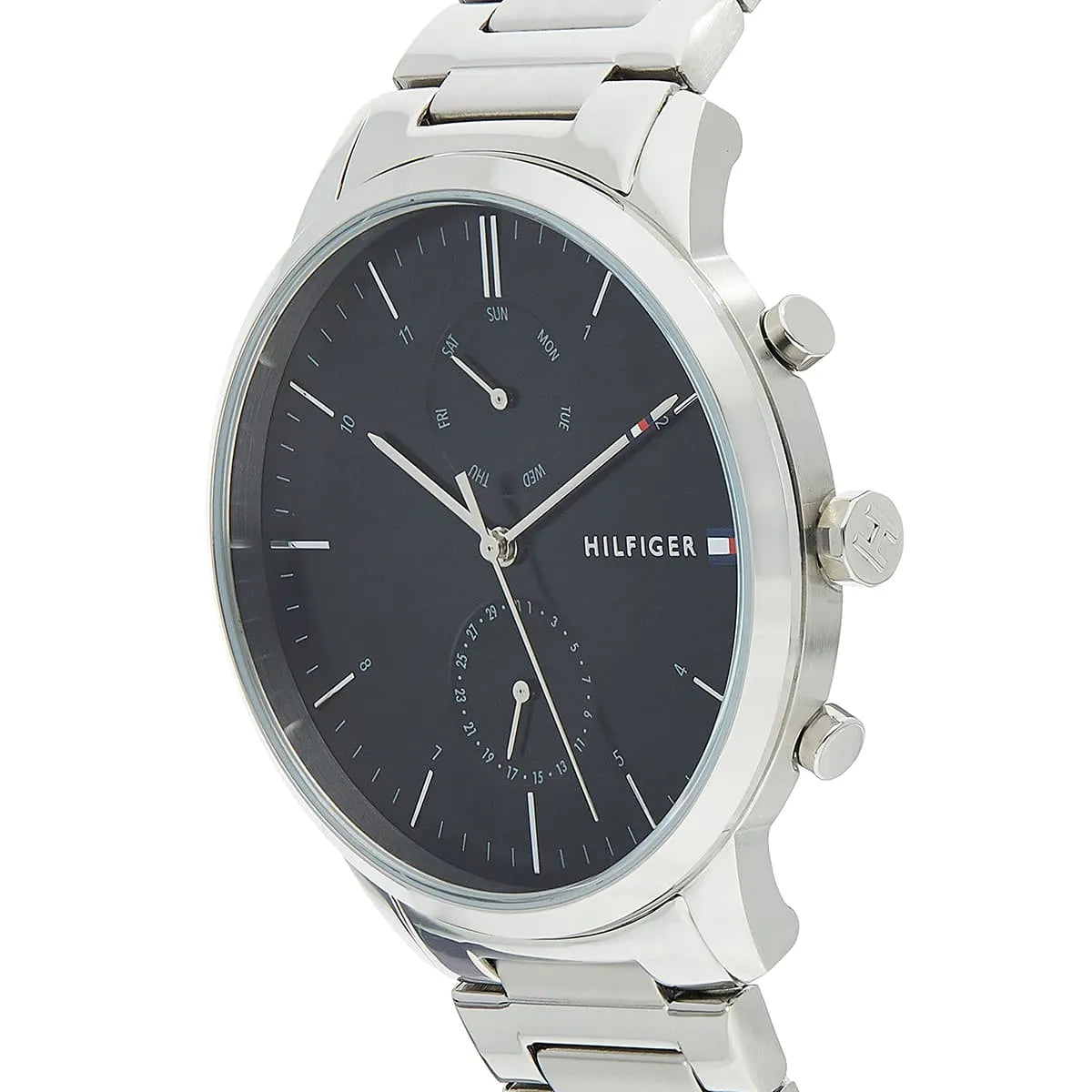 Tommy Hilfiger 1710407 chronograph watch showing crown and chronograph pushers on right side