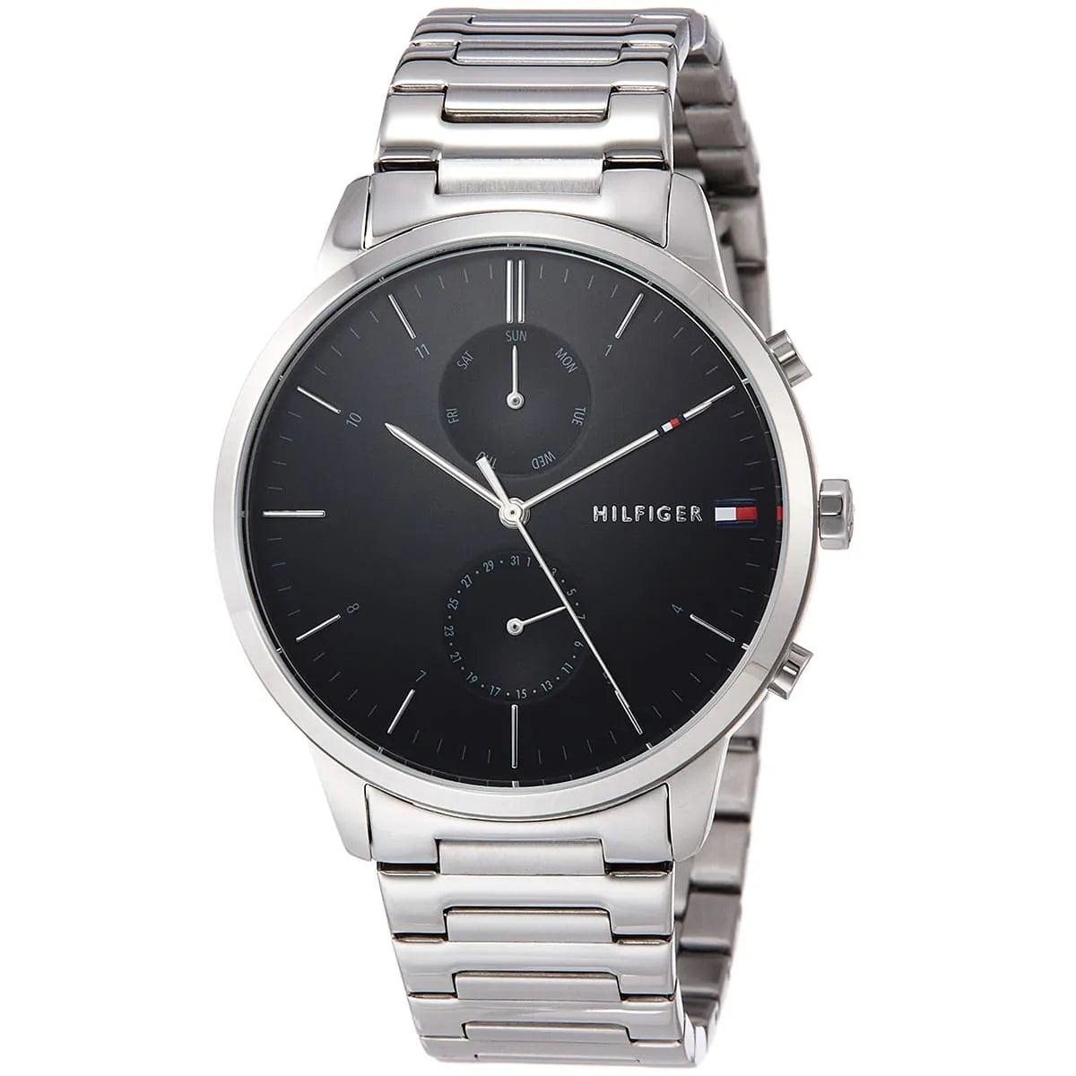 Tommy Hilfiger 1710407 watch at three-quarter angle showing chronograph subdials and silver band