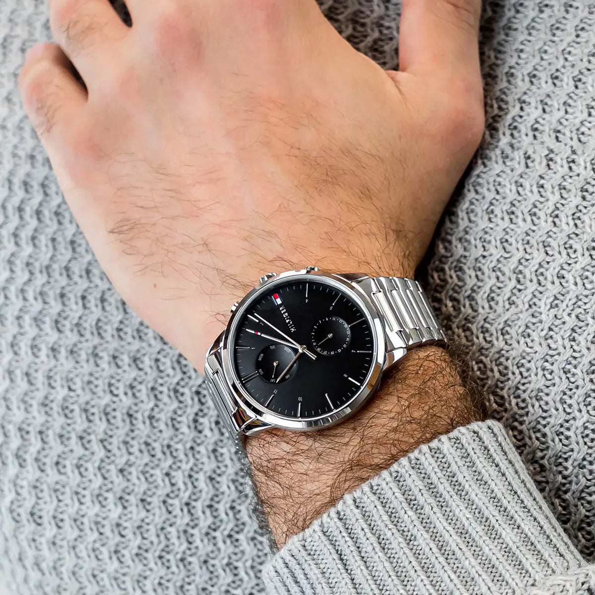 Tommy Hilfiger 1710407 watch styled on wrist showing proportions and chronograph dial