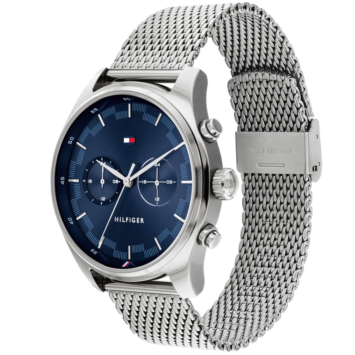 Side angle view of Tommy Hilfiger watch showing silver mesh strap and case
