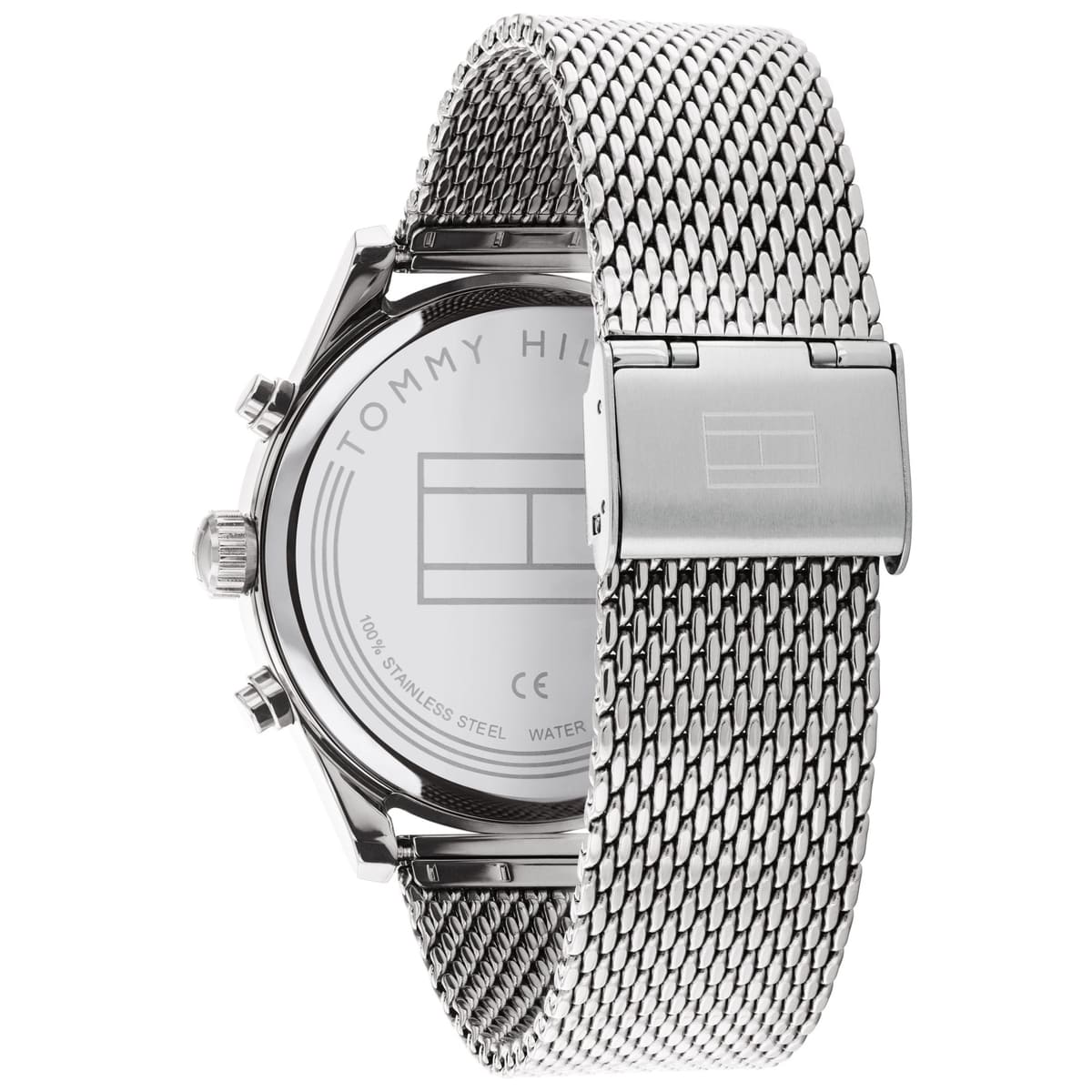 Case back of Tommy Hilfiger watch with stainless steel construction details