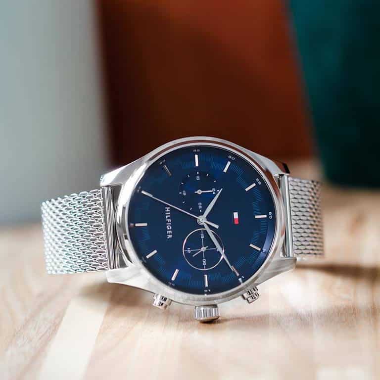 Tommy Hilfiger watch with blue chronograph dial and stainless steel mesh strap