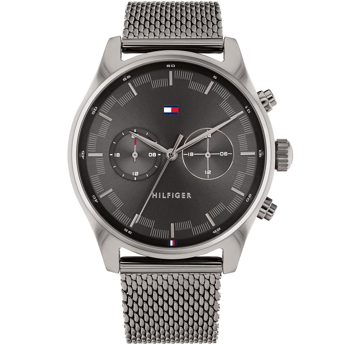 Tommy Hilfiger Sawyer watch with grey dial, stainless steel case, and grey mesh strap