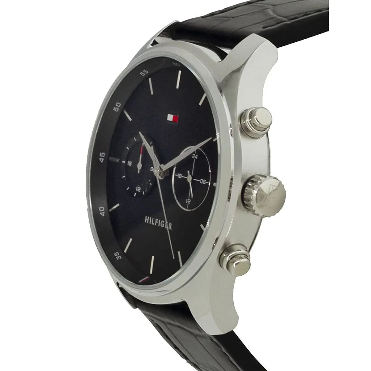 Tommy Hilfiger watch side profile displaying stainless steel case and chronograph pushers