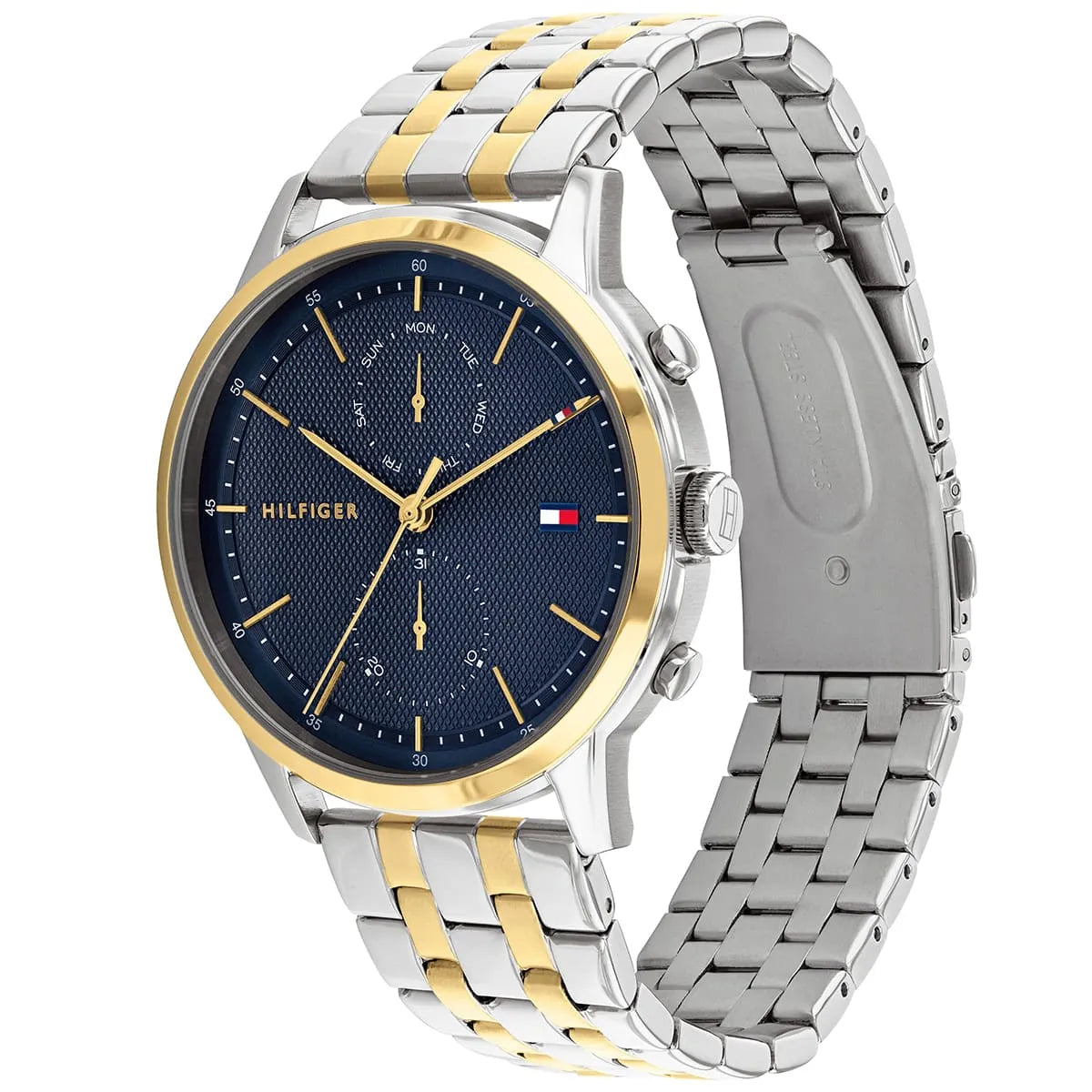 Two-tone stainless steel and gold-plated bracelet with Navy blue dial and chronograph subdials on angled view
