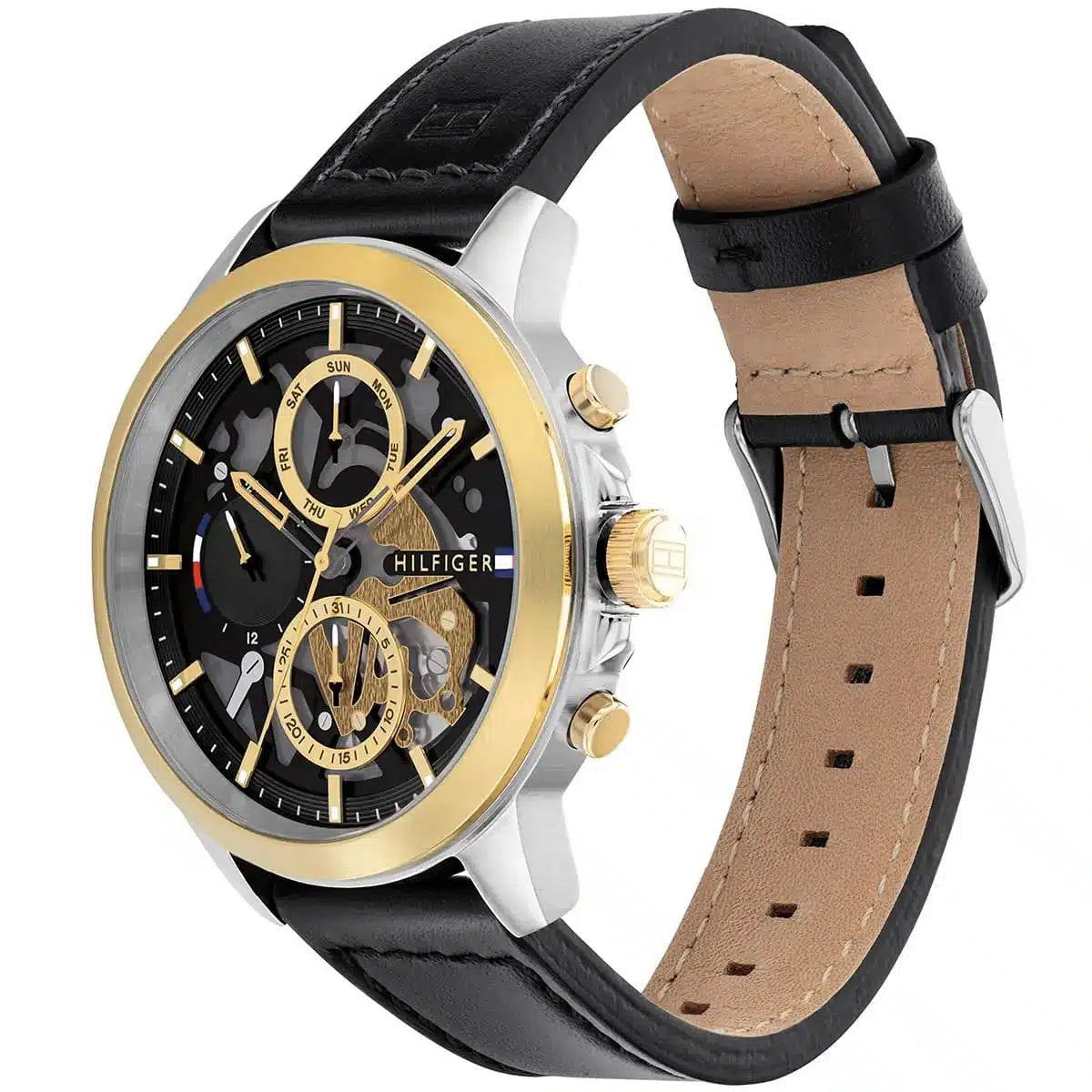 Side angle view of Tommy Hilfiger Henry watch showing two-tone case and black leather strap