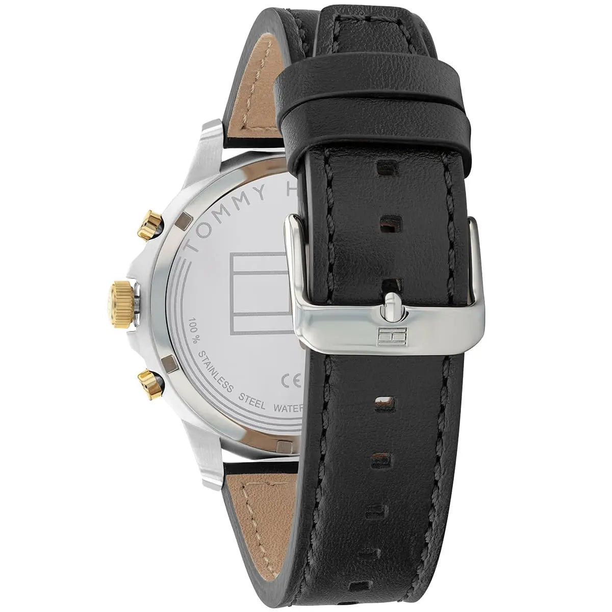 Case back of Tommy Hilfiger Henry watch showing stainless steel with engraved details