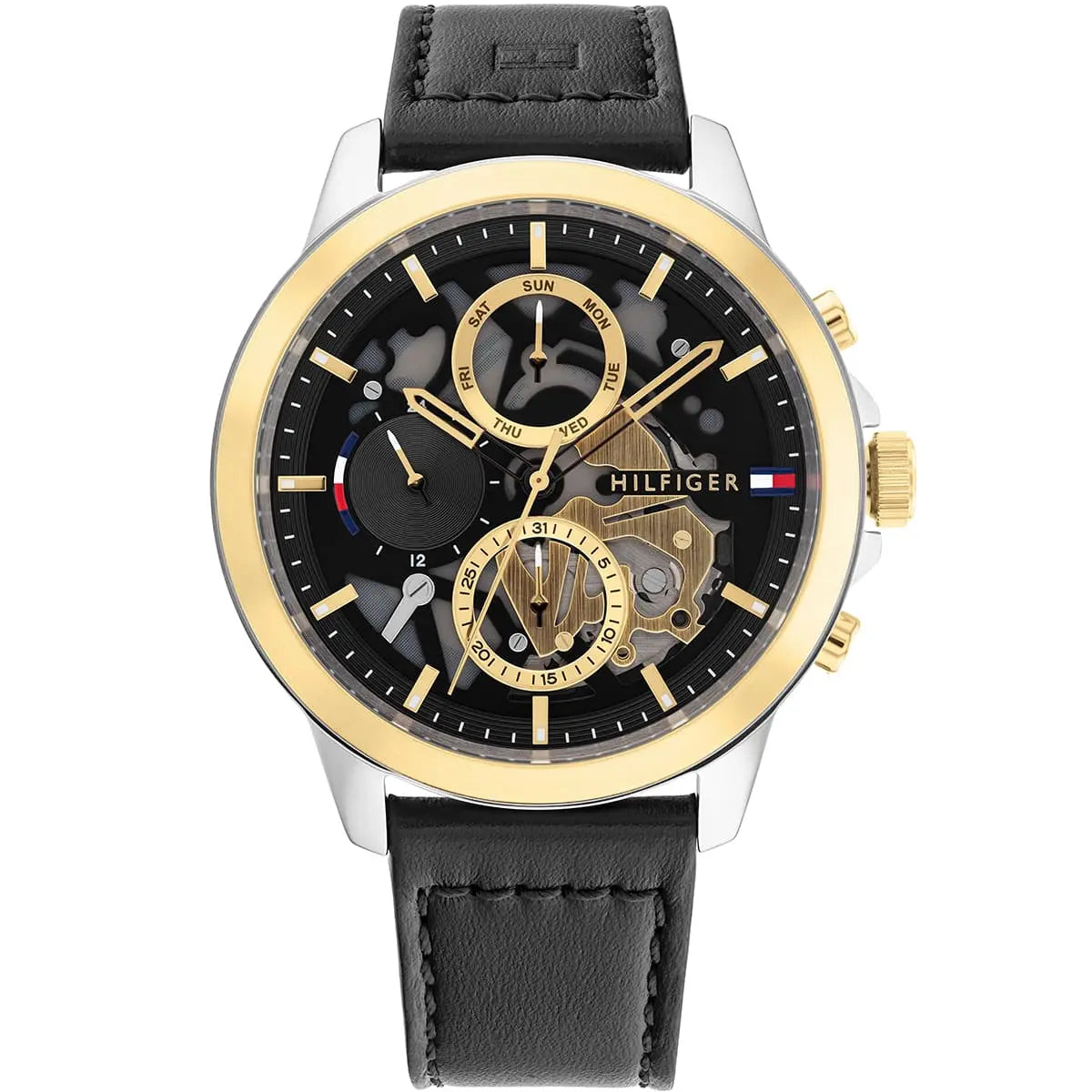 Tommy Hilfiger Henry men's watch with two-tone case, black dial, gold subdials, and black leather strap