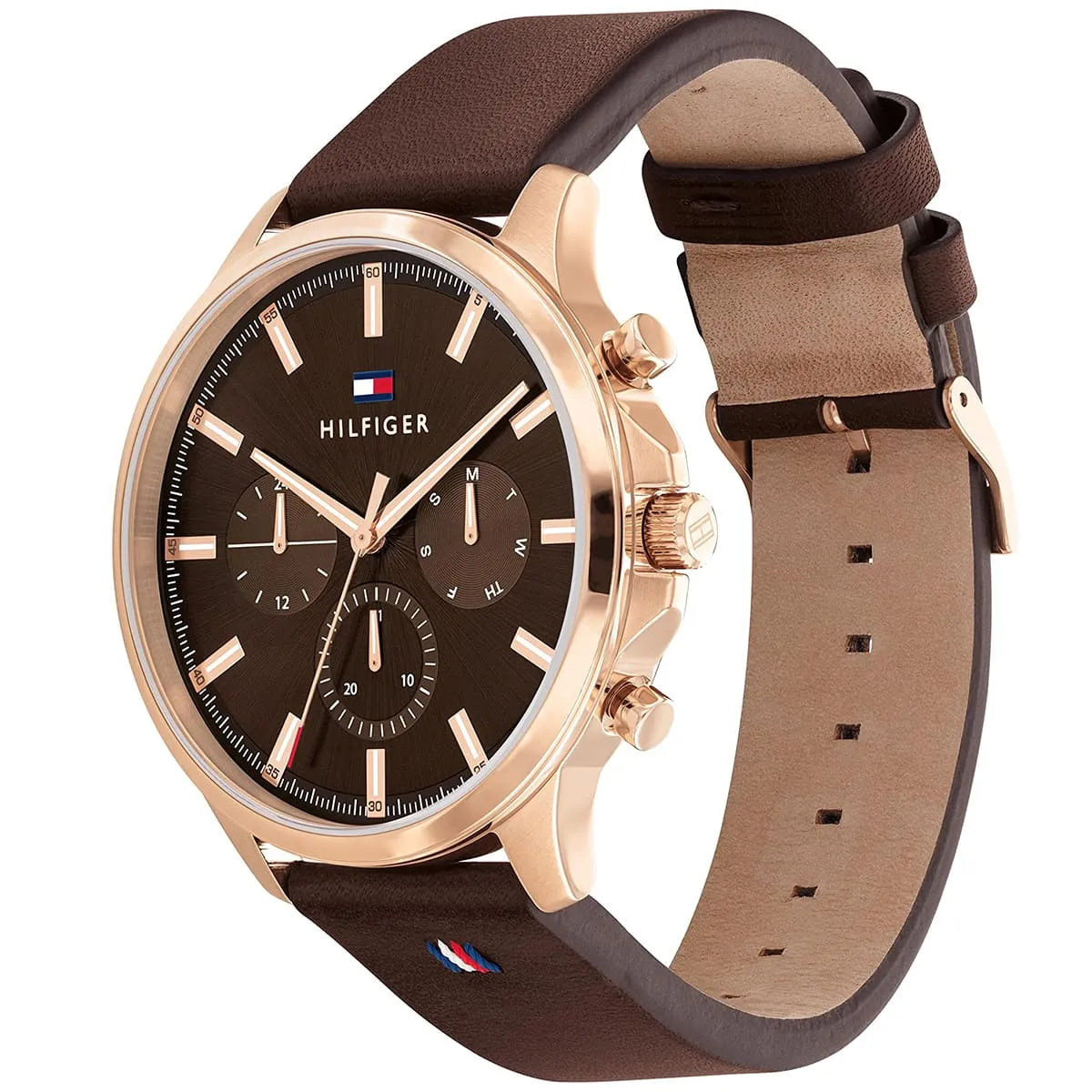 Ryder watch shown at angle displaying brown leather strap with tan interior and rose gold case