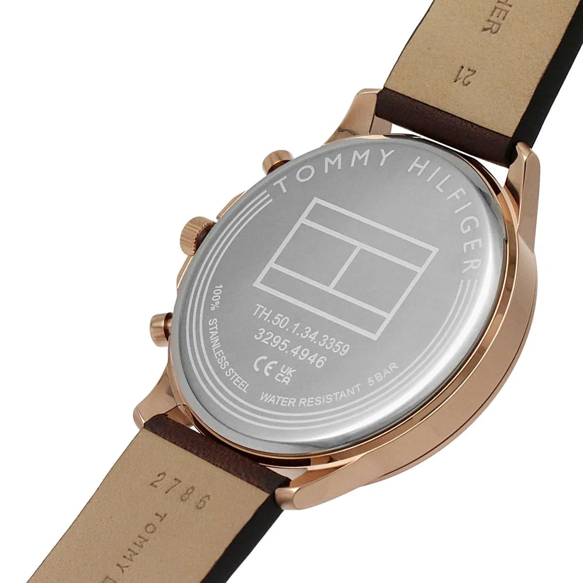Caseback of Ryder watch showing Tommy Hilfiger engraving and water-resistant specifications