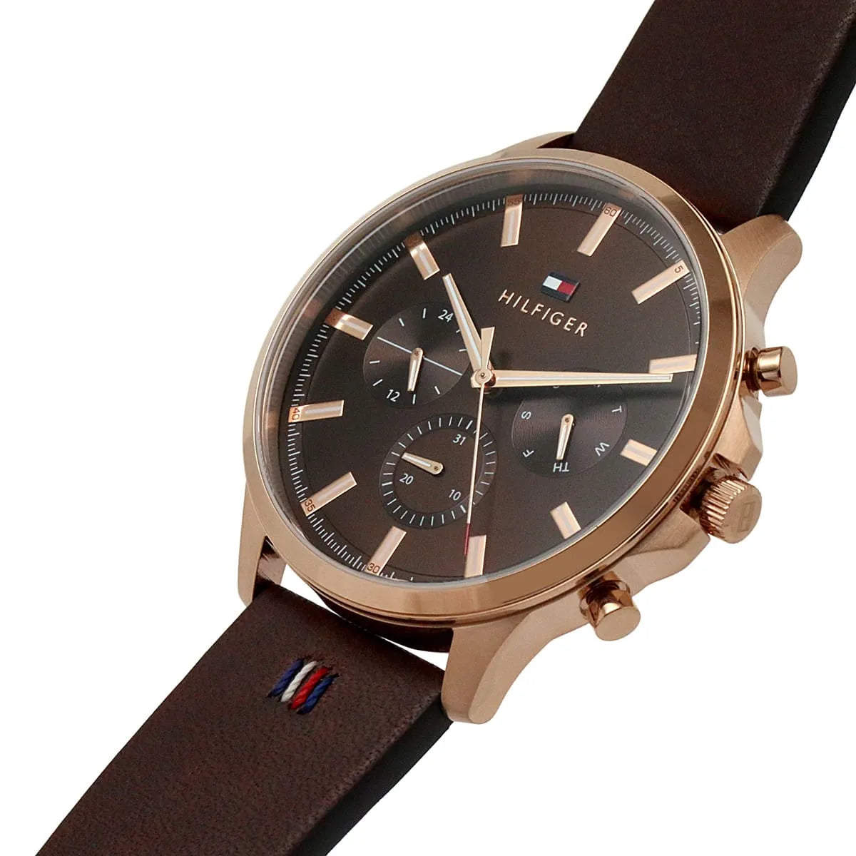 Side view of Ryder chronograph watch with rose gold crown and chronograph pushers