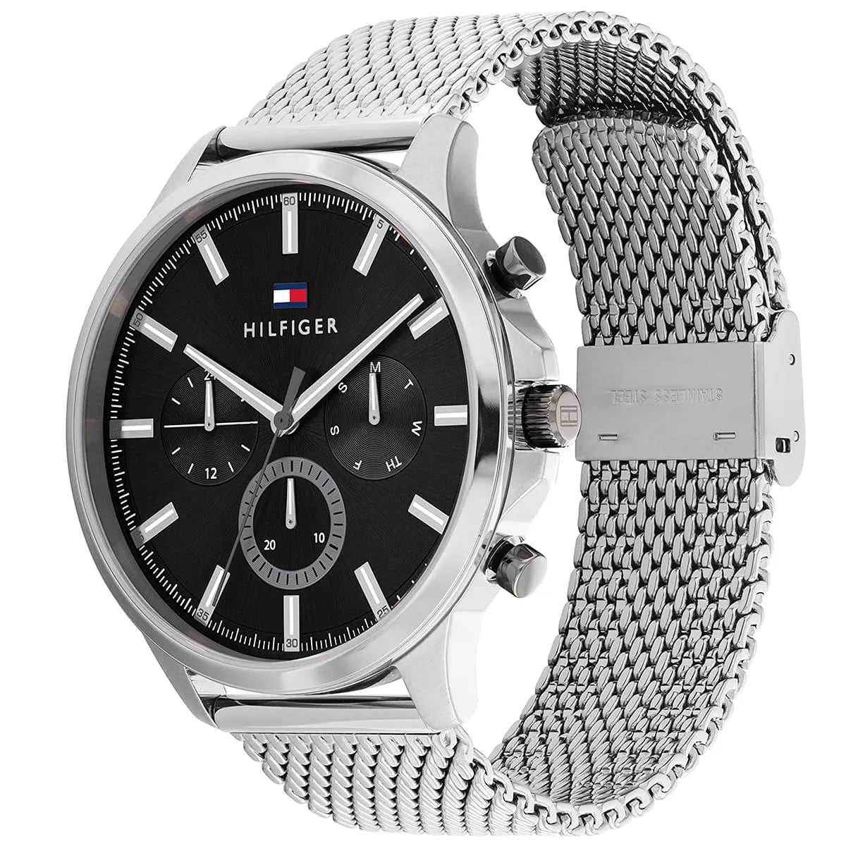 Side angle view of Ryder watch showing mesh band and chronograph pushers