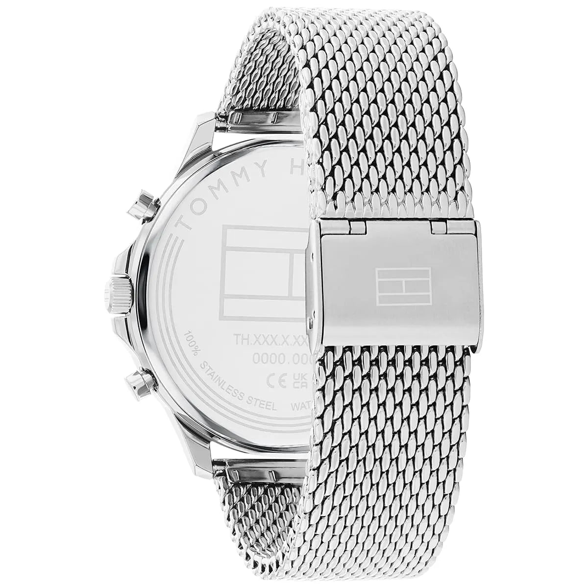 Caseback of Ryder watch showing stainless steel mesh band and engraved back